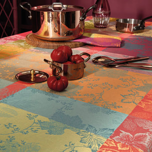 Nappe pur coton enduit motif jacquard bordeaux orange Mille sous bois automne