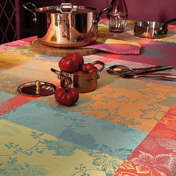 Nappe pur coton enduit motif jacquard bordeaux orange Mille sous bois automne