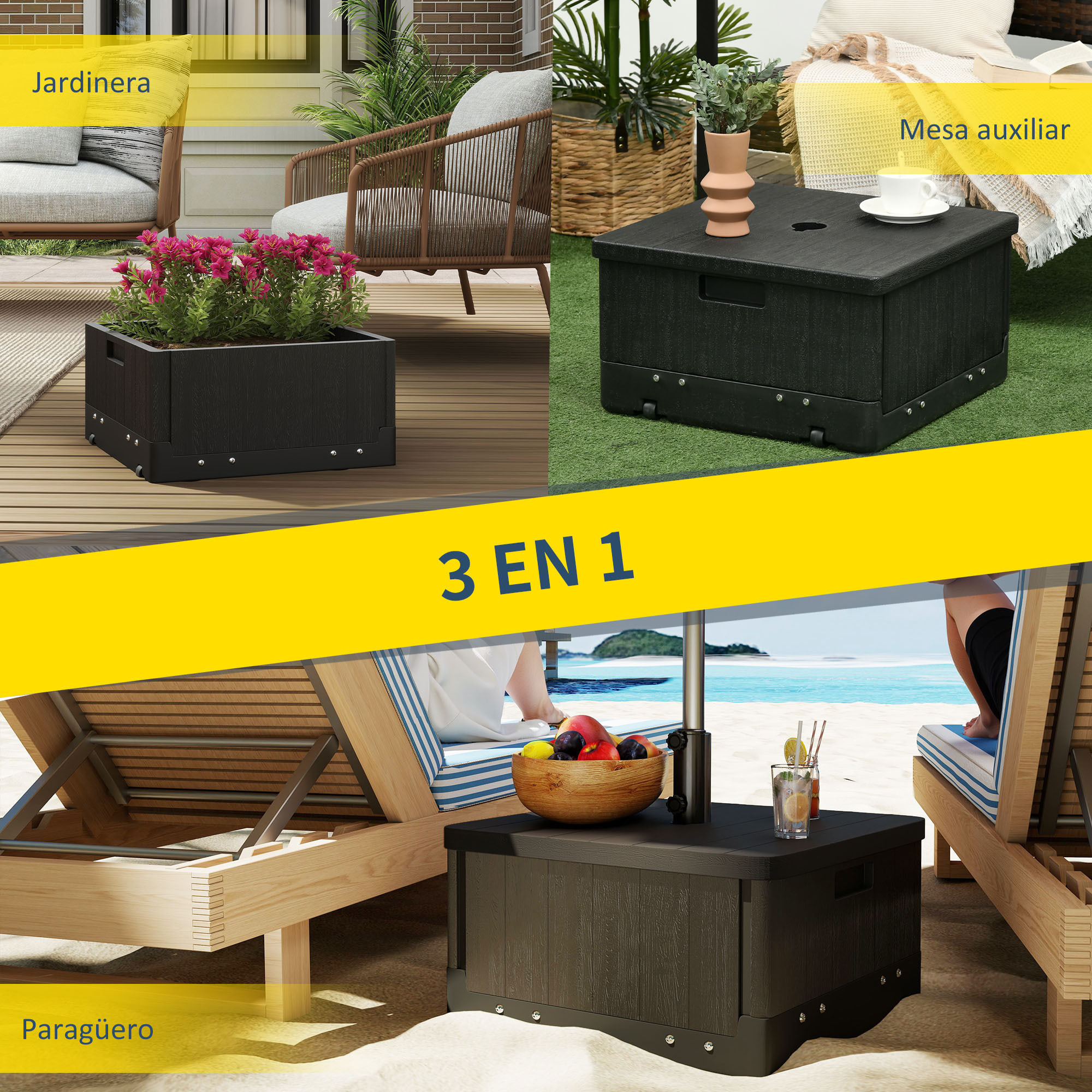 Base para Sombrilla Exterior 3 en 1, Mesa Auxiliar, Macetero con Orificio de Drenaje, Soporte de Parasol Rellenable Arena 80 kg con Ruedas y Asas para Sombrilla con Postes Ø38 y Ø48 mm, Negro