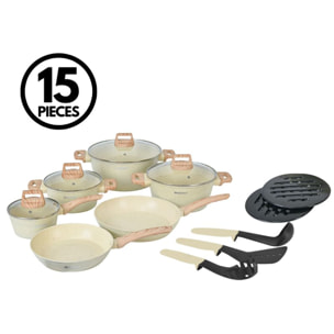 Batterie de cuisine 15 pièces avec revêtement en granit et manche en Bois Noir Herzberg beige HGWDBEJ15-BEI