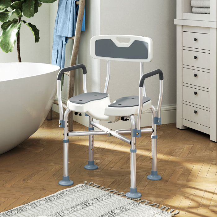 Silla Ducha Personas Mayores, Silla de Ducha con Asiento Ranurado, Altura Regulable, Taburete de Baño Antideslizante con Respaldo y Reposabrazos, Carga 136 kg, para Discapacitados, Gris