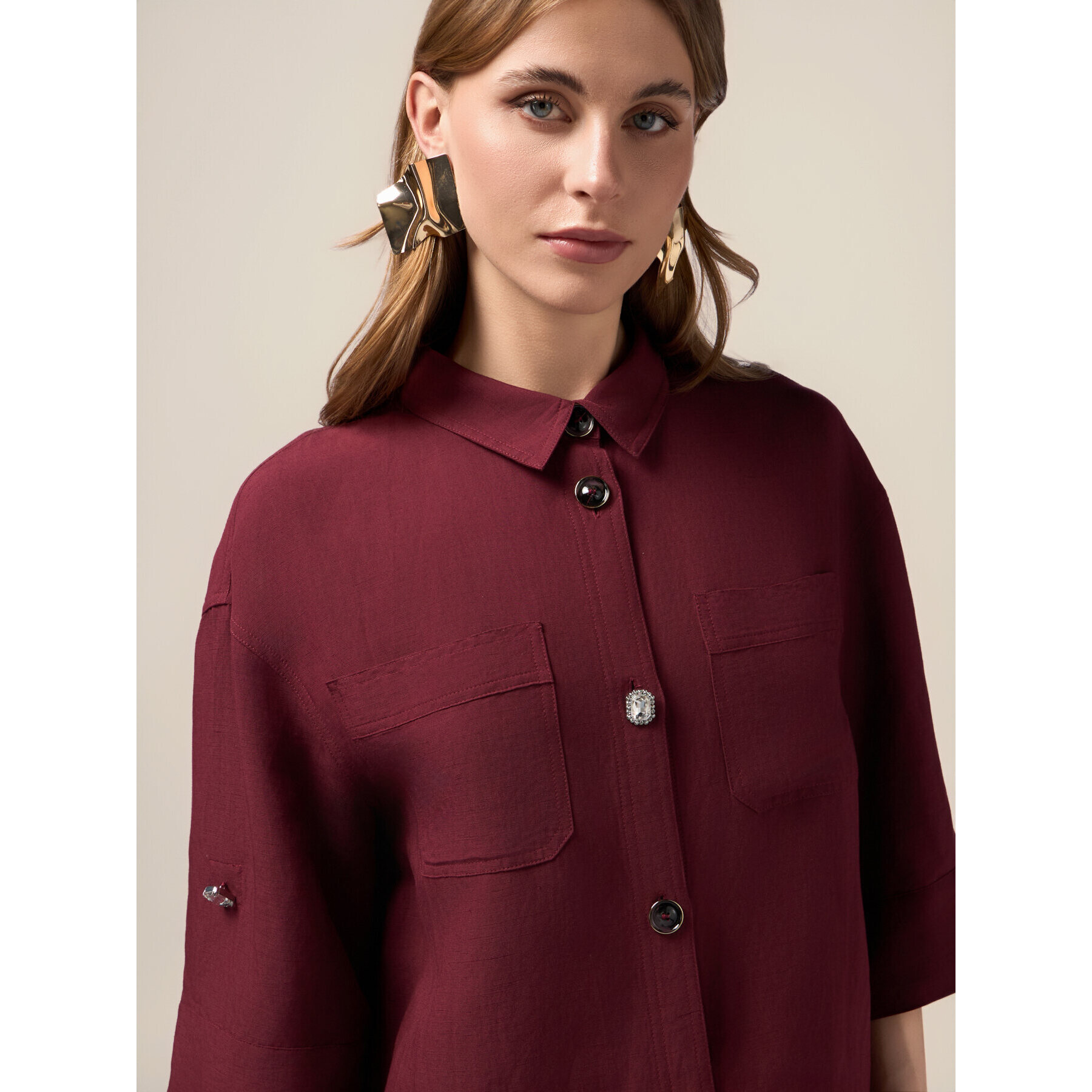 Oltre - Chaqueta boxy de mezcla de lino - Burgundy
