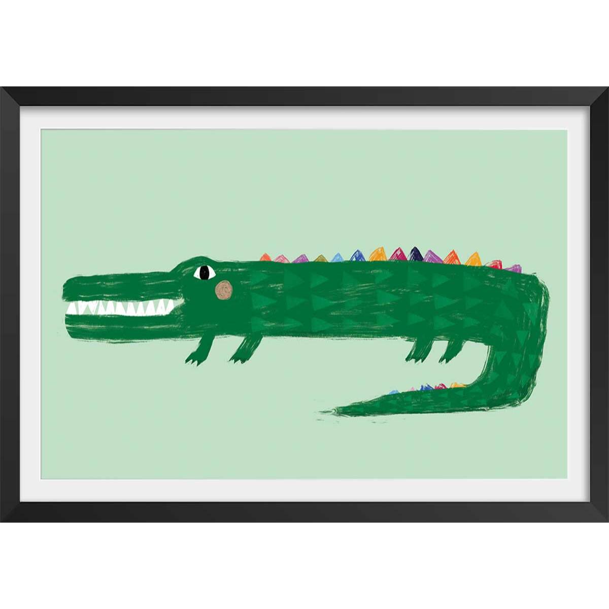 Affiche enfant crocodile vert  Affiche + cadre en bois - Noir