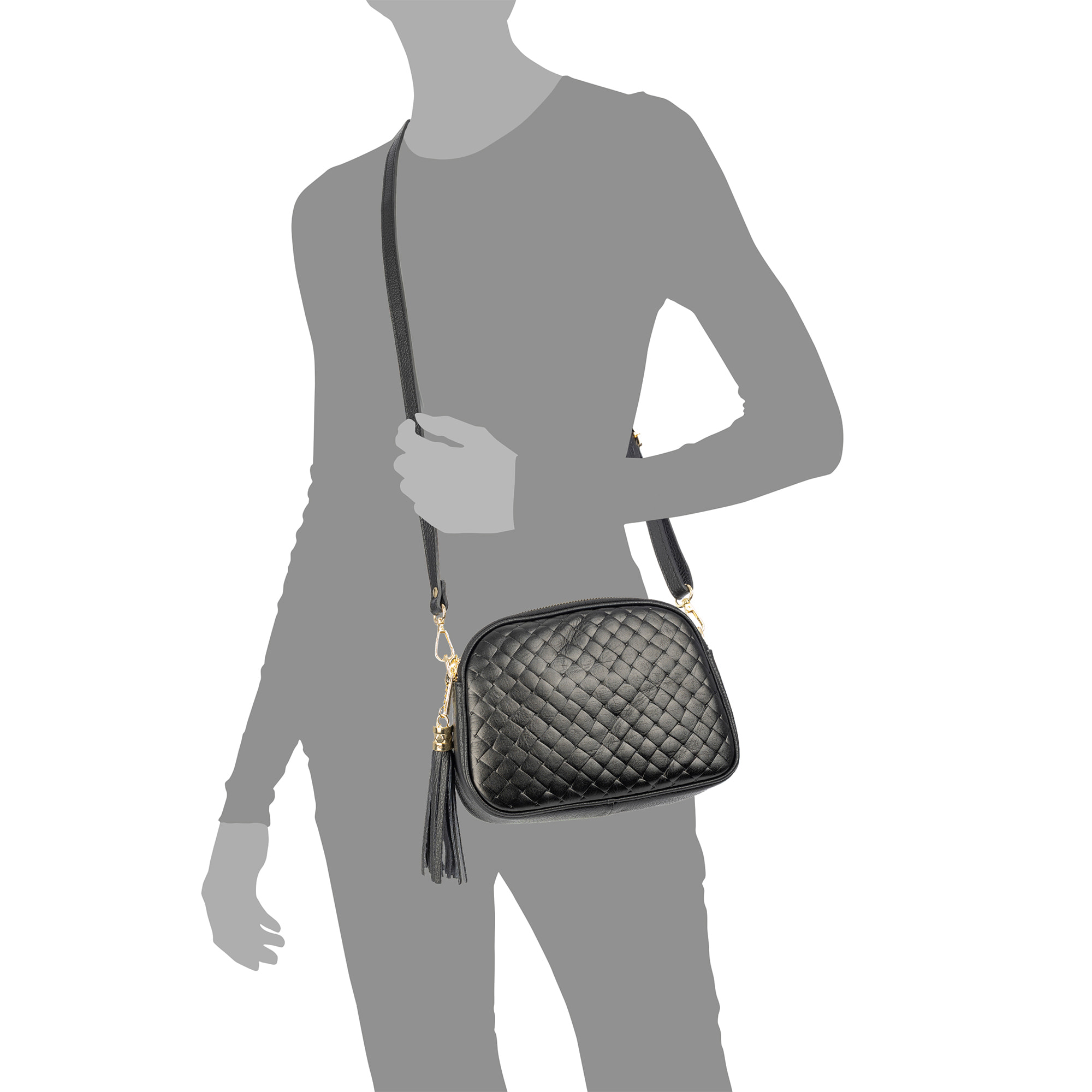 Aliminusa bolso bandolera Mujer. Piel auténtica Gamuza con grabado entrelazado y lacada brillante combinado con Dollaro.