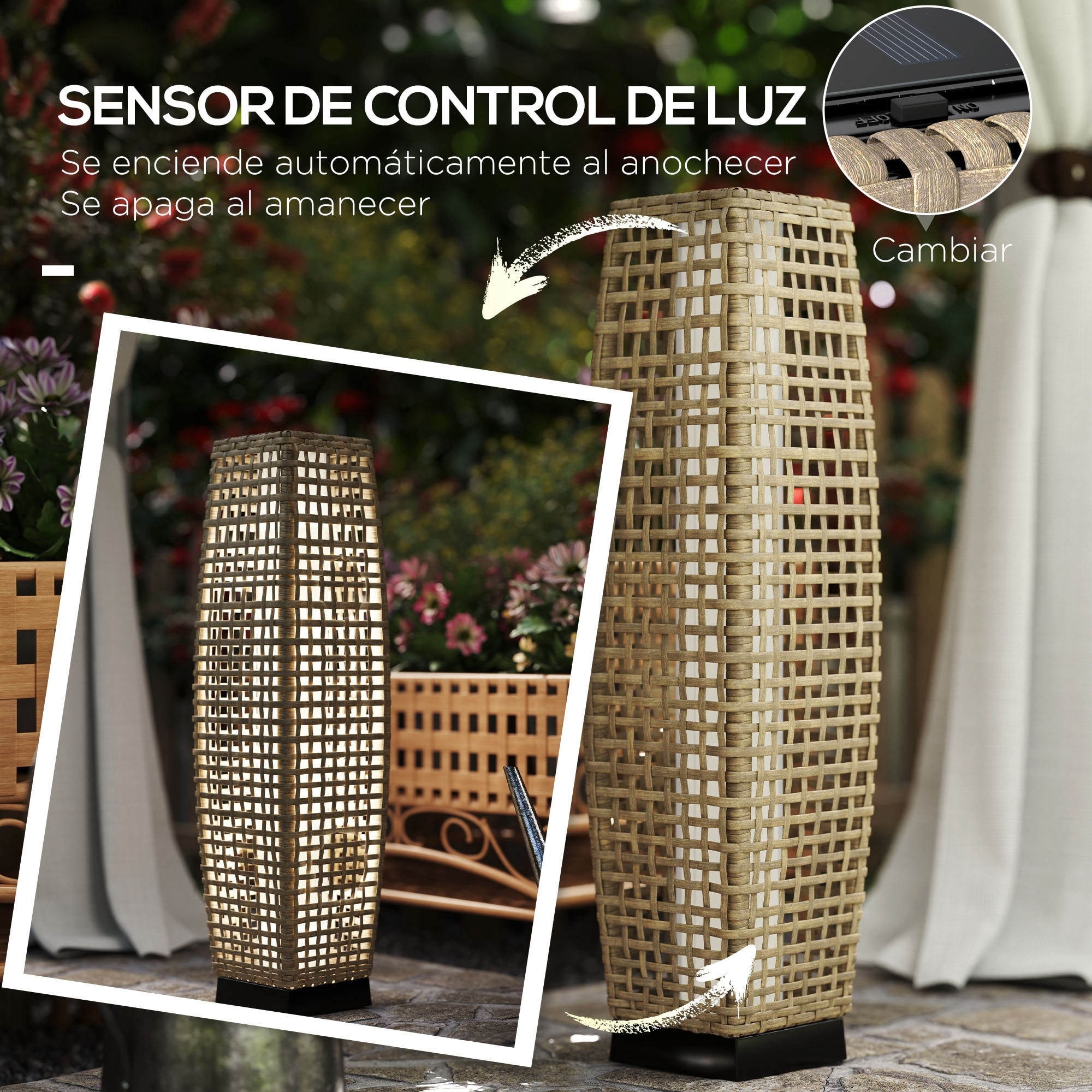 Linterna de Jardín de Ratán Sintético Luces Solares Exterior con Luces LED Encendido/Apagado Automático para Terraza Balcón Patio 21x21x78 cm Natural