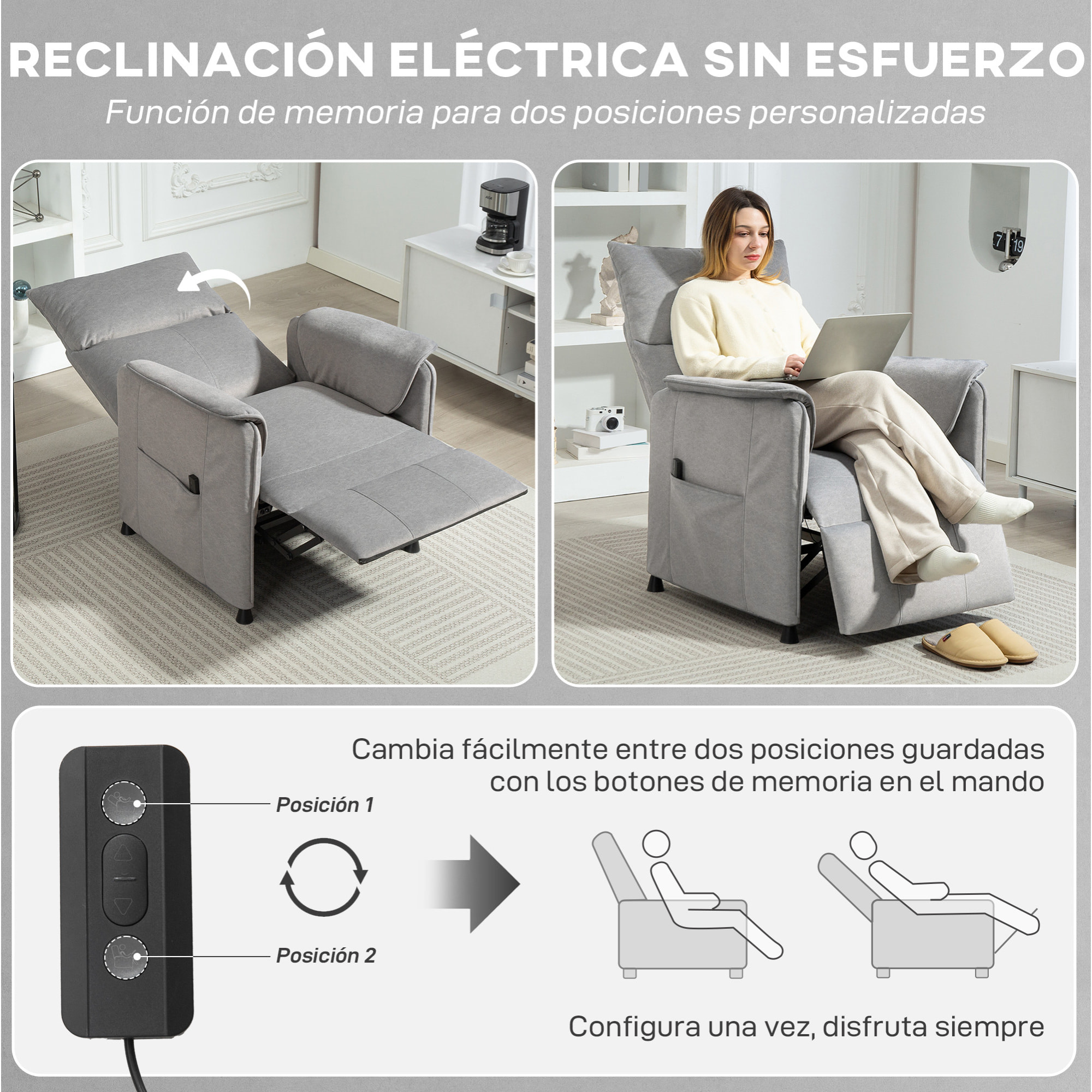 Sillón Relax Reclinable Eléctrico Sillón Reclinable Silencioso con Función Memoria Reposapiés Mando a Distancia Bolsillos Laterales Tela Apto para Mascotas para Dormitorio Salón Gris