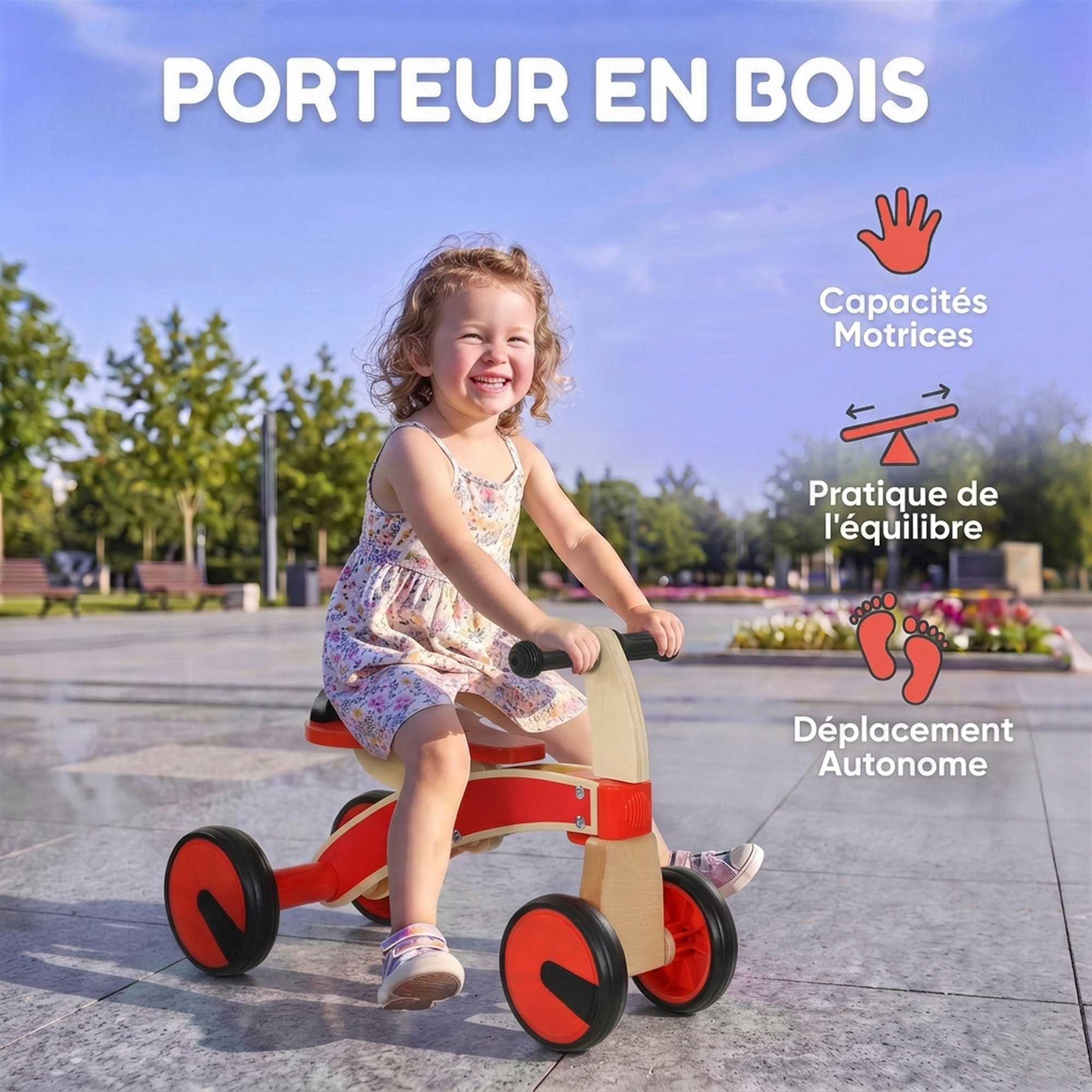 Porteur en bois 4 roues selle avec rebord naturel noir rouge