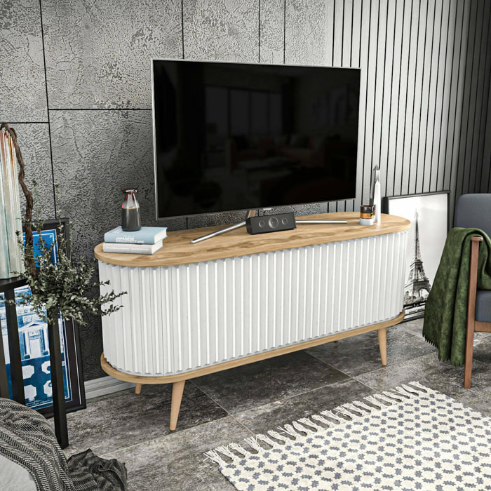 Mobile porta TV Desteve, Credenza da soggiorno, Armadio basso per TV, Base parete attrezzata, 140x43h64 cm, Quercia e Bianco