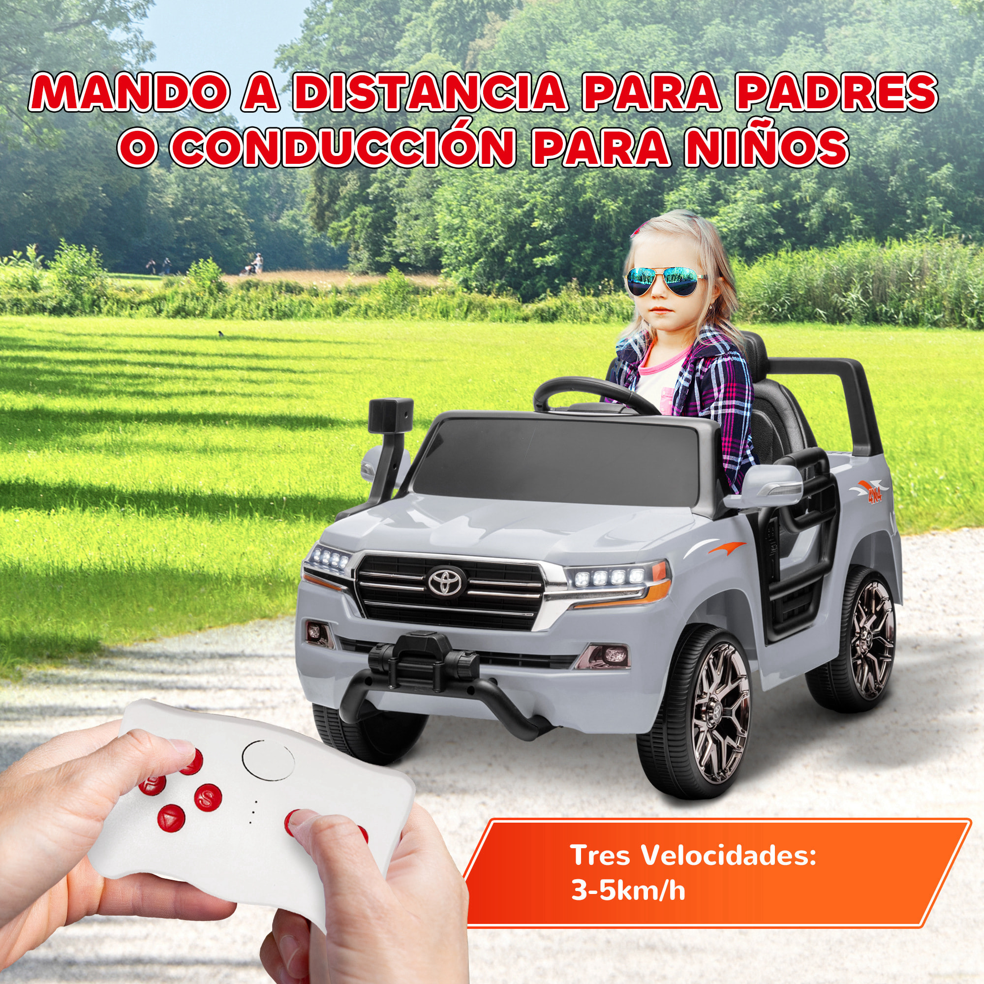 Coche Eléctrico para Niños de +3 Años Toyota LAND CRUISER Coche Eléctrico con Batería 12V Mando a Distancia Faros Bocina Arranque Suave y Música MP3 Gris