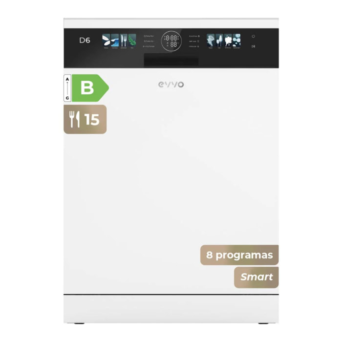 Lavavajillas EVVO D6 60cm, 15 Cubiertos, Clase B, Apertura Auto, Luz UV, Blanco