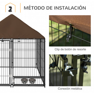 Perrera con Toldo Parque para Perros Metálica de Exterior con Soporte Giratorio para Comida 2 Cuencos para Patio Jardín Terraza 141x141x151 cm Negro