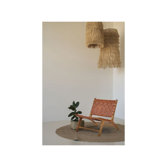 Chaise relax lounge en bois de teck et sangles croisées en cuir - PIOU