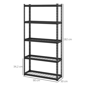 Estantería Metálica de 5 Niveles Estantería de Garaje de Acero Industrial Carga 750 kg con Estantes Ajustables 90x30x182 cm Negro