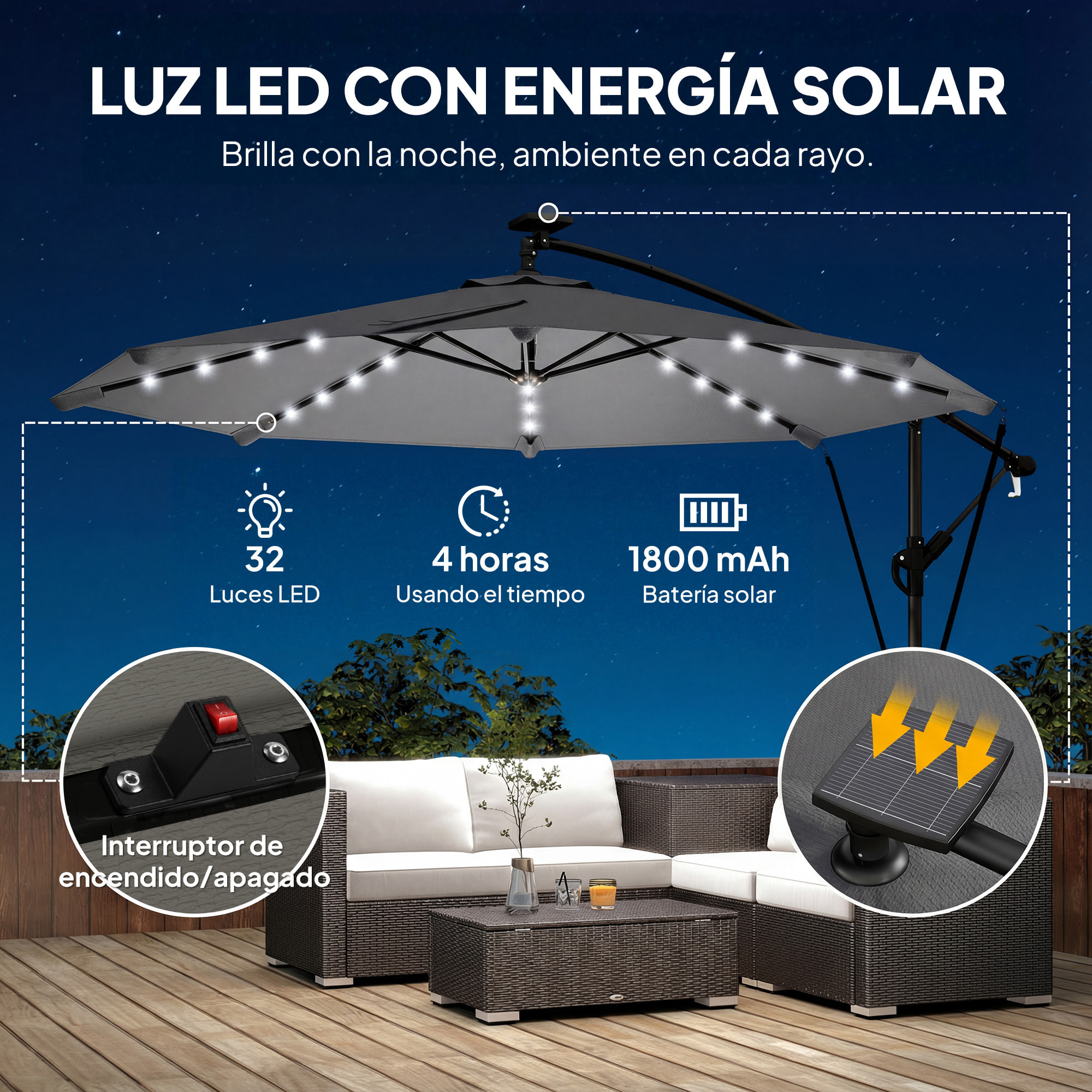 Parasol Excéntrico con Luces LED Solares, Ø330 cm, Sombrilla de Jardín con Base Cruzada, Manivela, Funda Protectora y Cuerda de Viento, Anti-UV 50+, para Terraza, Patio, Gris Oscuro