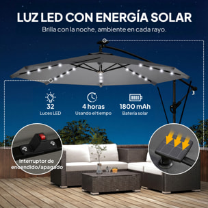 Parasol Excéntrico con Luces LED Solares, Ø330 cm, Sombrilla de Jardín con Base Cruzada, Manivela, Funda Protectora y Cuerda de Viento, Anti-UV 50+, para Terraza, Patio, Gris Oscuro