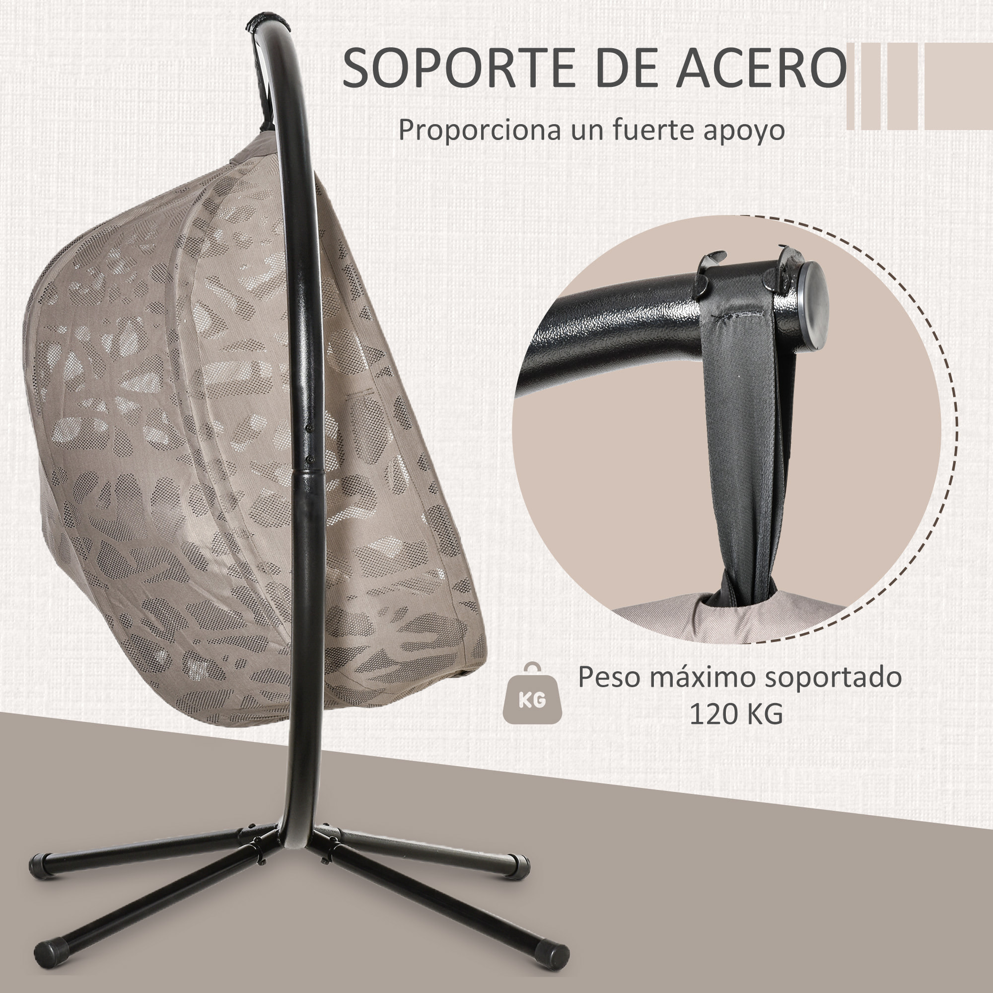 Silla Colgante con Soporte de Acero Asiento Cesta Plegable 126x96x172 cm Marrón