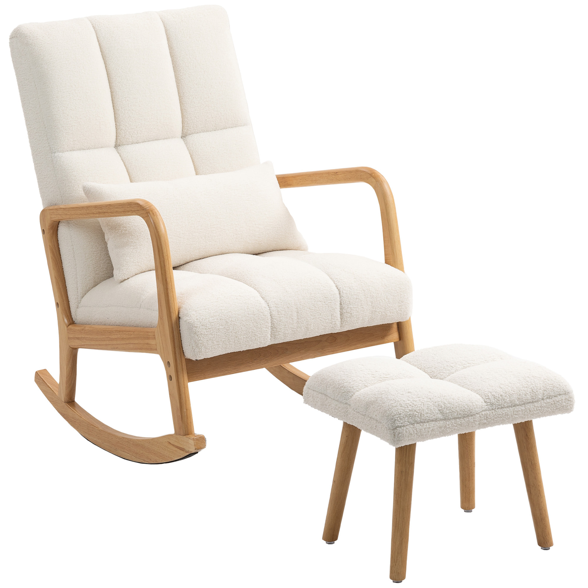 Silla Mecedora con Reposapiés, Sillón de Relax Tapizado en Bouclé con Cojín Acolchado, Respaldo Ergonómico, Reposabrazos y Patas de Madera, Carga 120 kg, para Salón, Dormitorio, Blanco