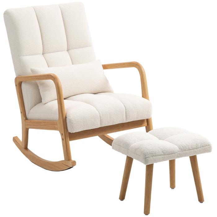 Silla Mecedora con Reposapiés, Sillón de Relax Tapizado en Bouclé con Cojín Acolchado, Respaldo Ergonómico, Reposabrazos y Patas de Madera, Carga 120 kg, para Salón, Dormitorio, Blanco
