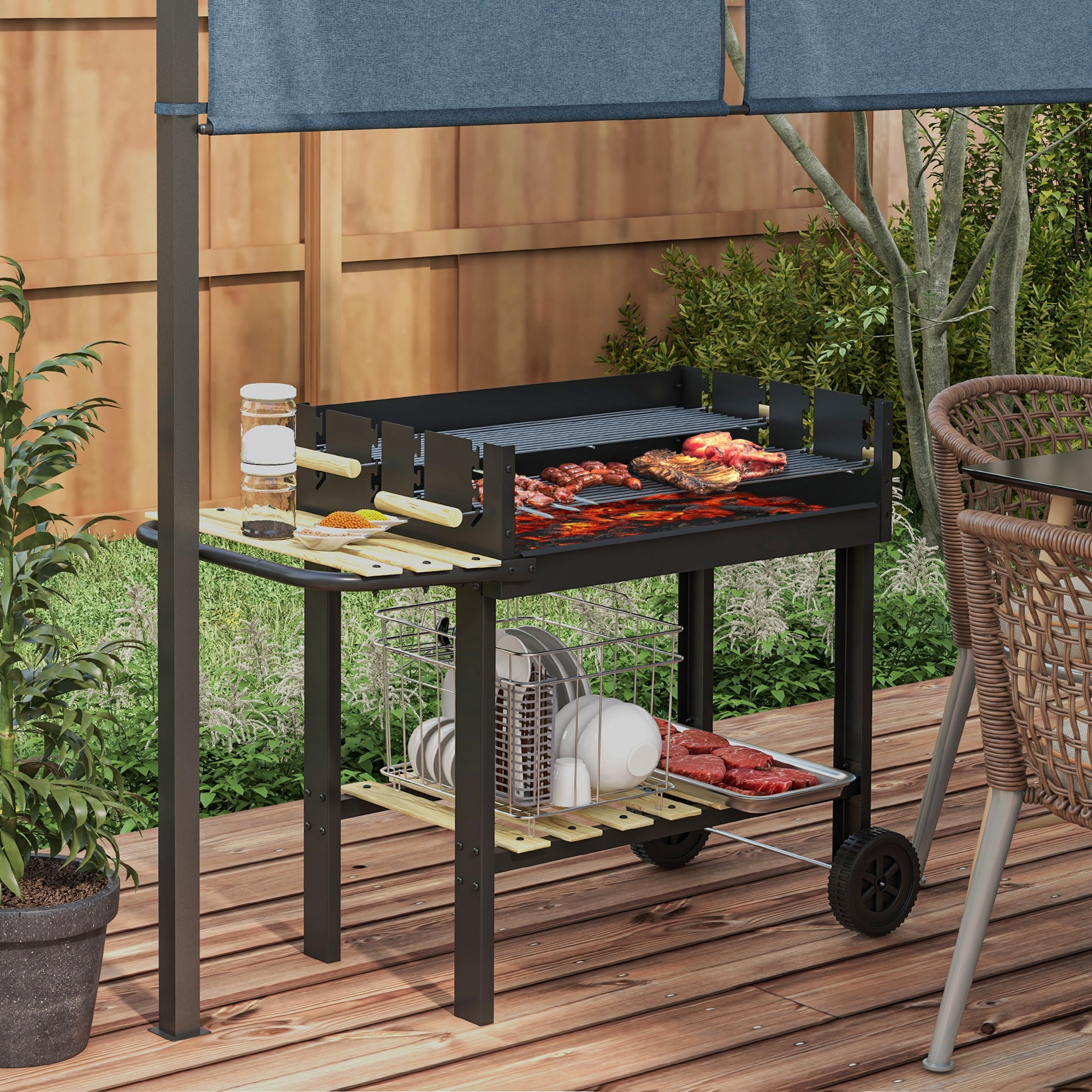 Barbacoa de Carbón, Barbacoa Portátil, 113x53,5x82,5 cm, con 2 Parrillas Alturas Ajustables, Mesa Lateral, Estante y Ruedas, para Jardín o Fiesta al Aire Libre, Negro