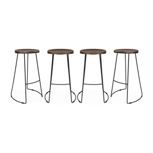 Lot de 4 tabourets de bar bois de manguier teinté noyer et acier. avec repose pieds. 75cm