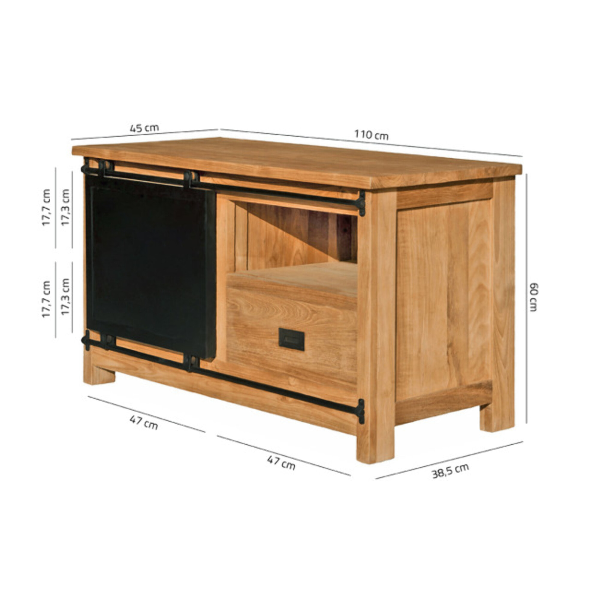 Meuble TV 1 tiroir 1 porte en métal 110 cm bois de teck recyclé - YOGI