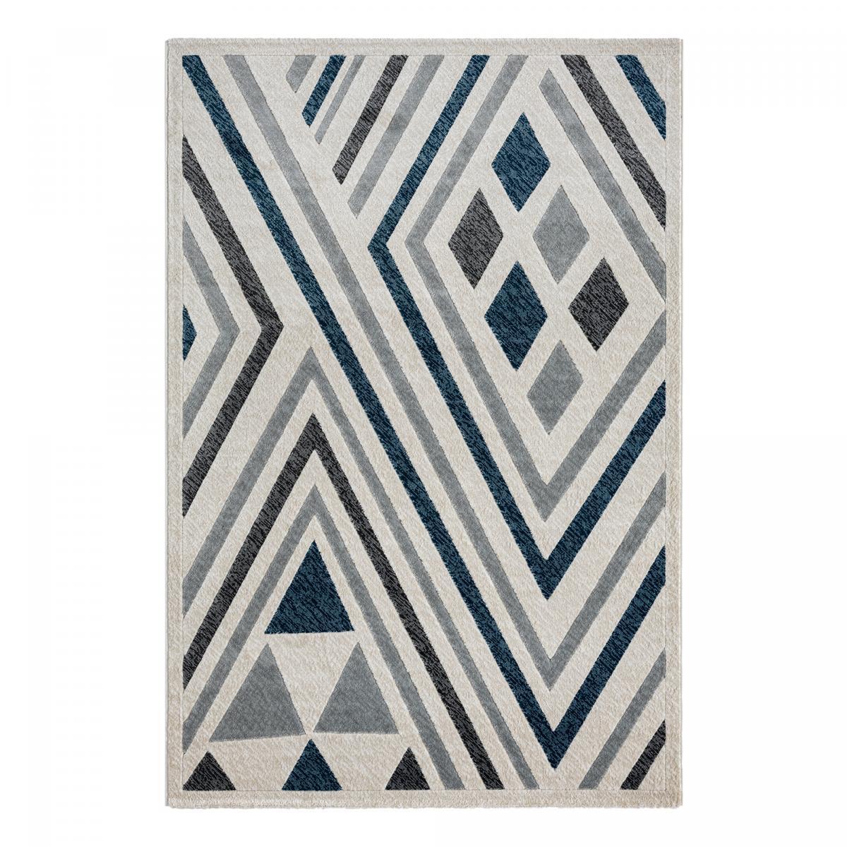 Tapis Koco géométrique Gris, crème et bleu