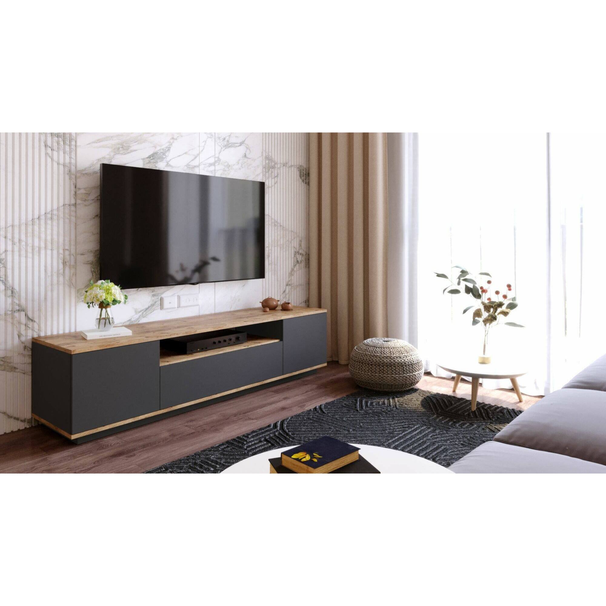 Mobile porta TV Dpierott, Credenza da soggiorno, Armadio basso per TV, Base parete attrezzata, 180x45h45 cm, Quercia e Antracite