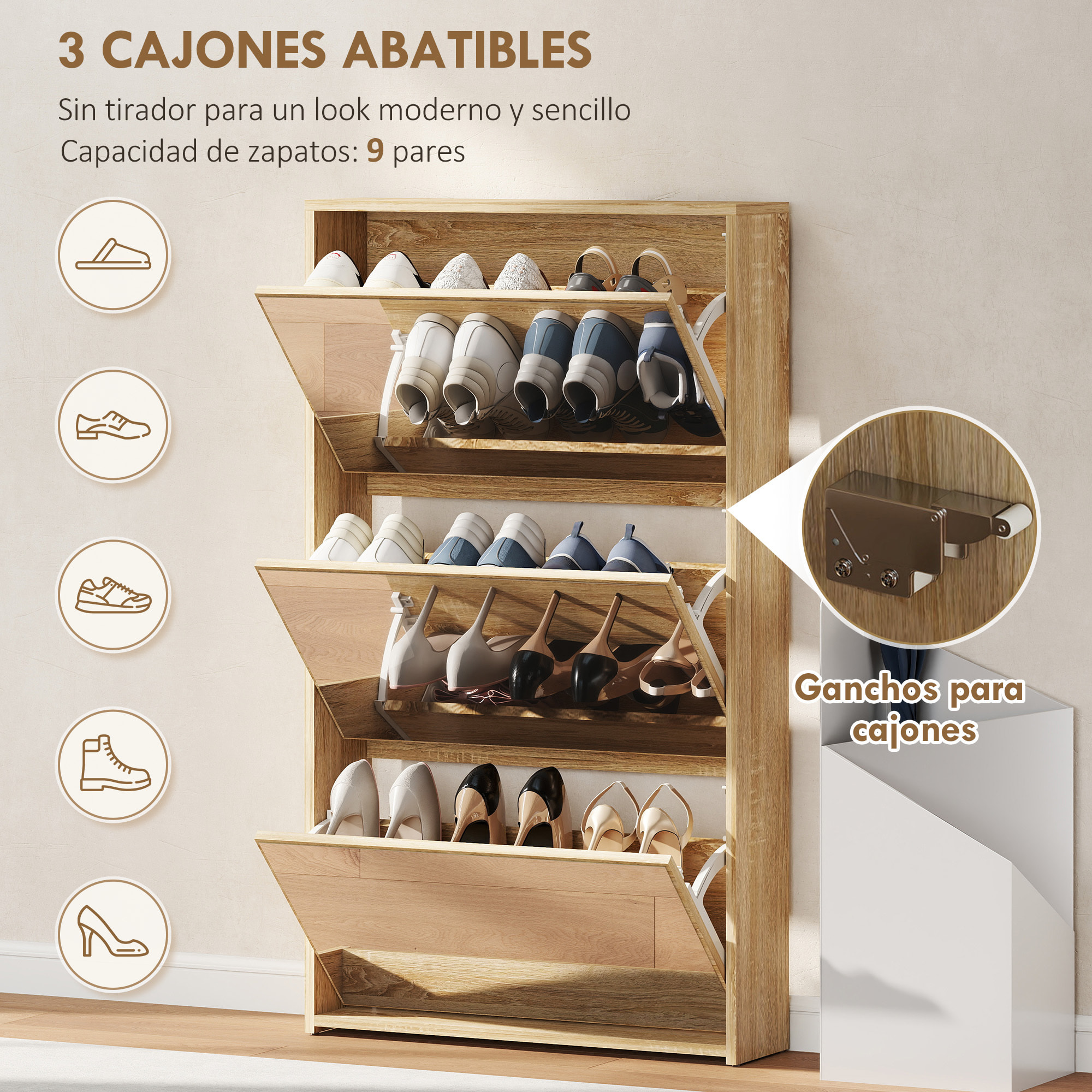 Zapatero Estrecho 3 Puertas con Espejo, Zapatero Entrada Recibidor, para 9 Pares de Zapatos, para Pasillo, Espacios Reducidos, 65x17x114,5 cm, Natural