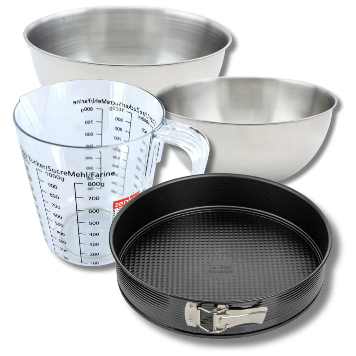 Set pâtisserie avec moule à manqué 24 cm, 2 bols à mixer, verre mesureur et spatule Zenker