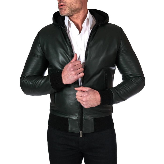 Giubbotto Bomber in pelle naturale verde con cappuccio