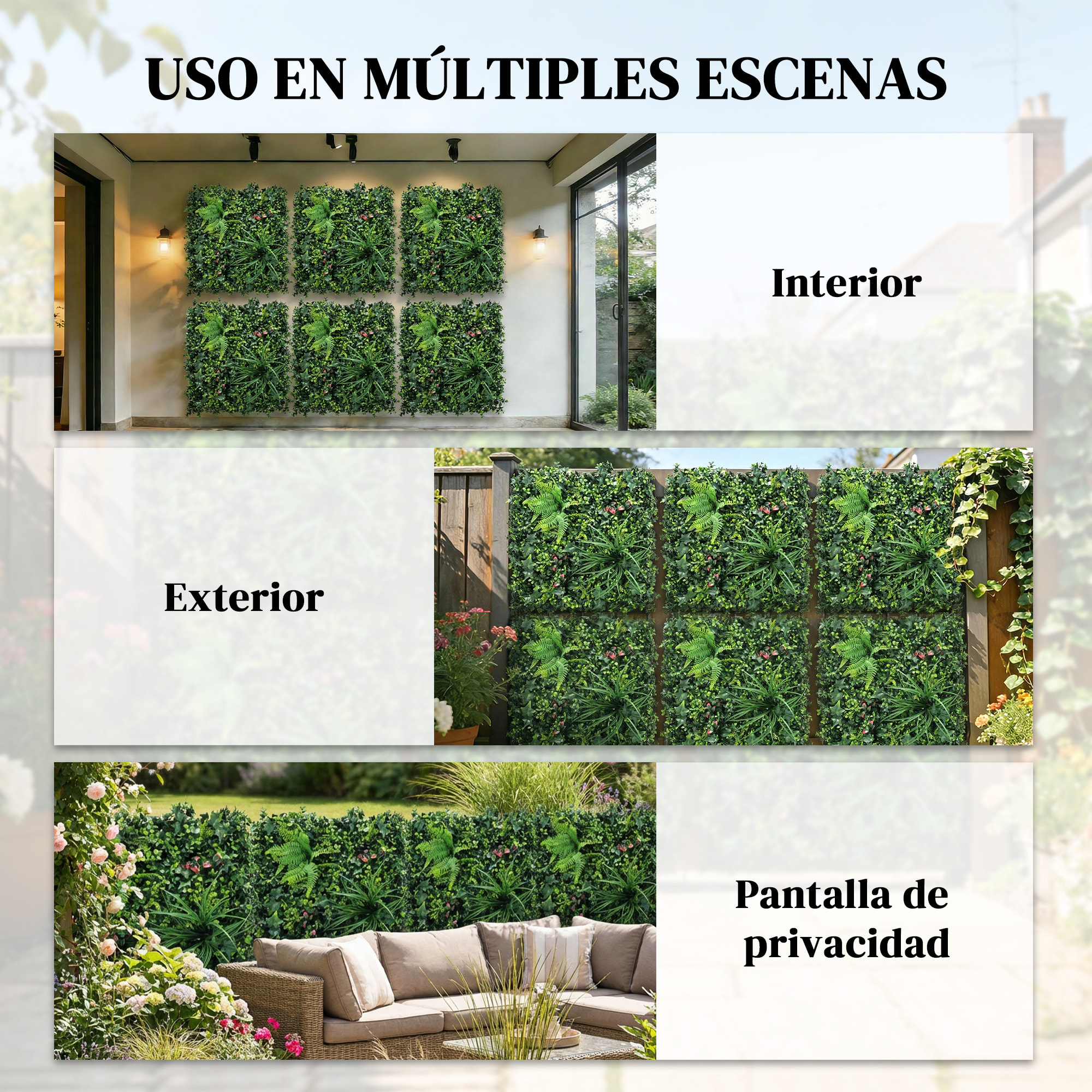 Set de 6 Setos Artificiales Ocultación Jardín, 50x50 cm, Pantallas de Valla de Privacidad Tipo Milán, Fácil Montaje, Anti-UV, para Terraza, Balcón, Exterior, Decoración de Hojas, Verde