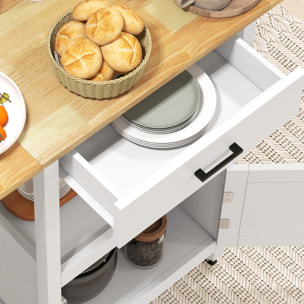 Desserte de cuisine extensible sur roulettes - porte, niche, tiroir - rallonges bois hévéa verni MDF blanc