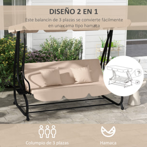 Columpio de Jardín Exterior de 3 Plazas 2 en 1 Cama Balancín de Jardín Exterior con Toldo Ajustable Bandejas Laterales y Almohadas para Balcón Terraza Patio Carga 340 kg 200x120x164 cm Arena