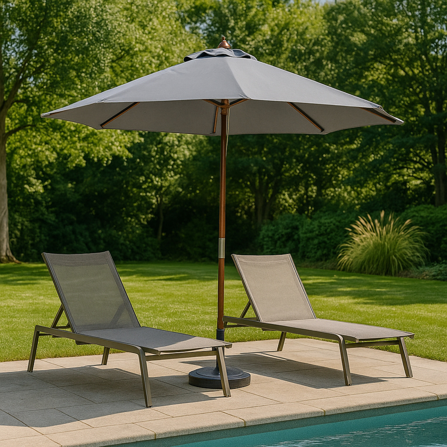 Parasol en bois inclinable rond toile grise DANINE