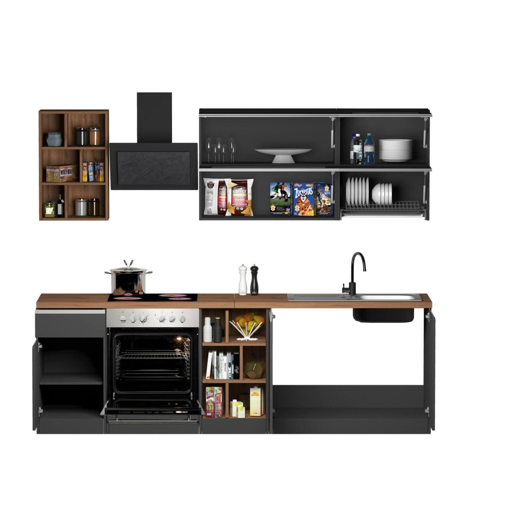 Cucina completa Dcastill, Cucina pratica e salvaspazio, Parete da cucina con 5 ante e 1 cassetto, 100% Made in Italy, 255x60h85 cm, Antracite e Rovere