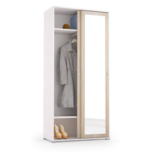 Guardaroba Tulipano, Armadio a 2 ante scorrevoli e specchio, Mobile con barra appendiabiti e ripiani, 100% Made in Italy, Cm 90x45h195, Rovere e Bianco