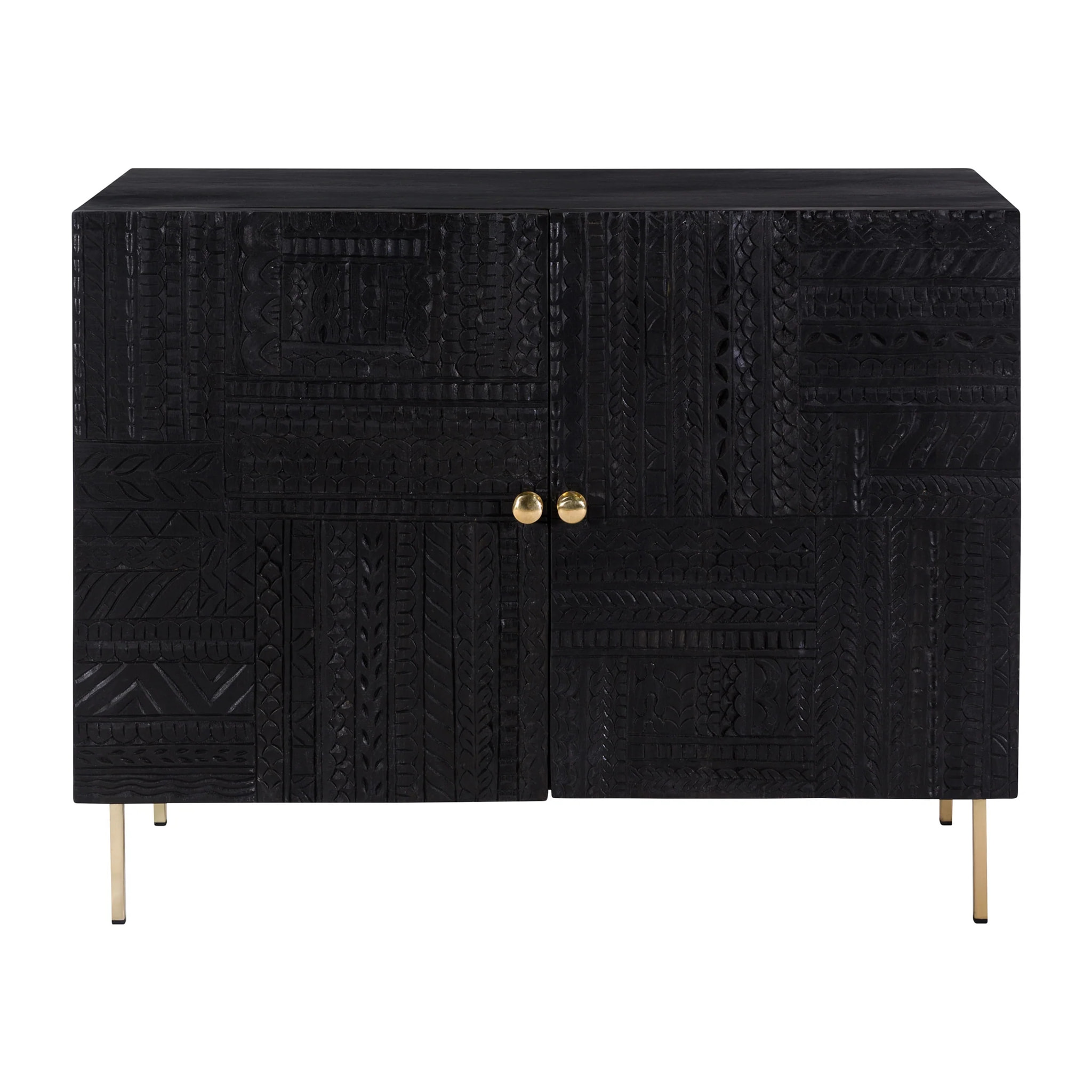 Commode 2 portes en bois gravé noir et métal doré - Chimane