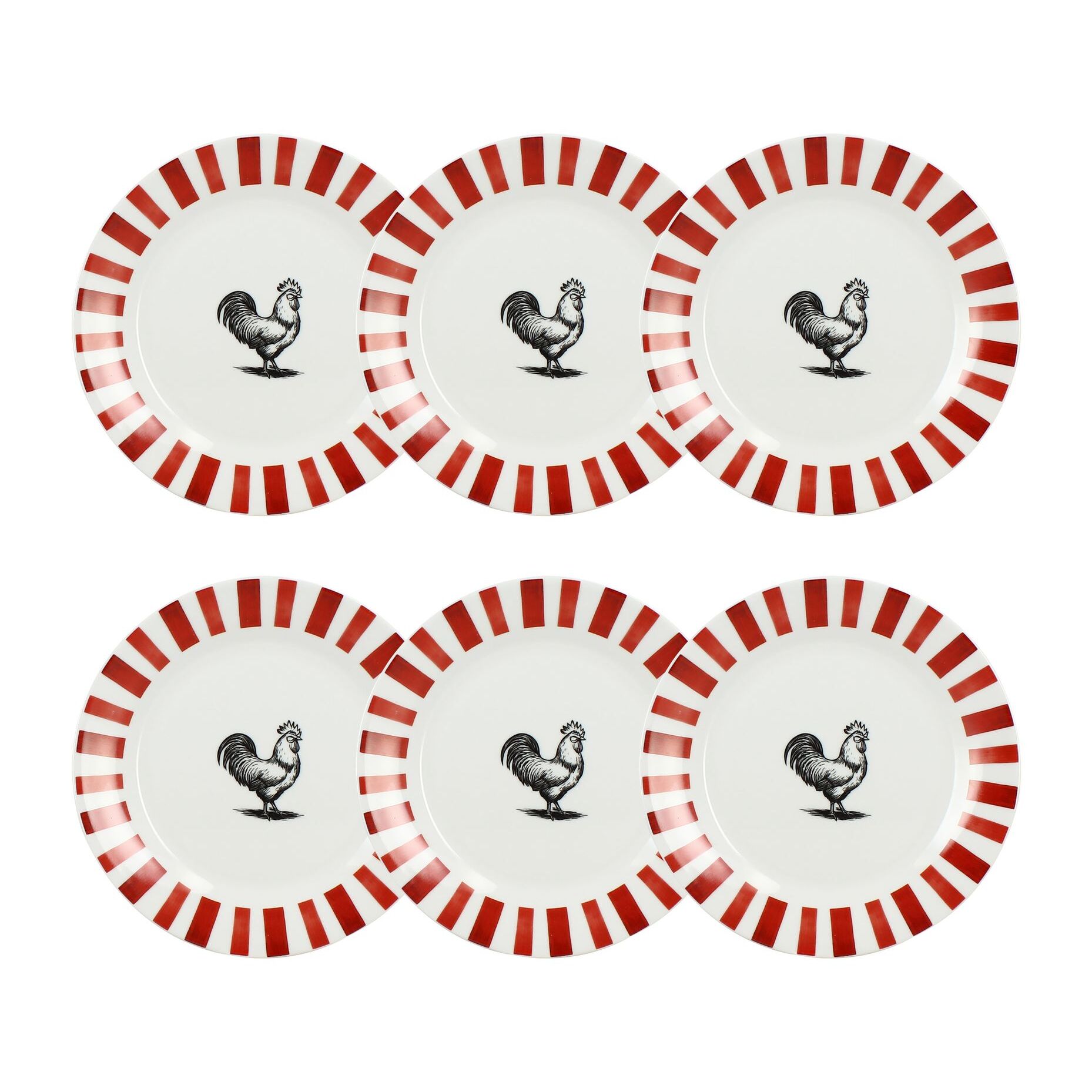 Lot de 6 assiettes à dessert 19cm en porcelaine rouge et blanc COCORICO