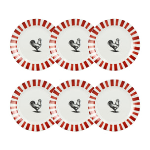 Lot de 6 assiettes à dessert 19cm en porcelaine rouge et blanc COCORICO
