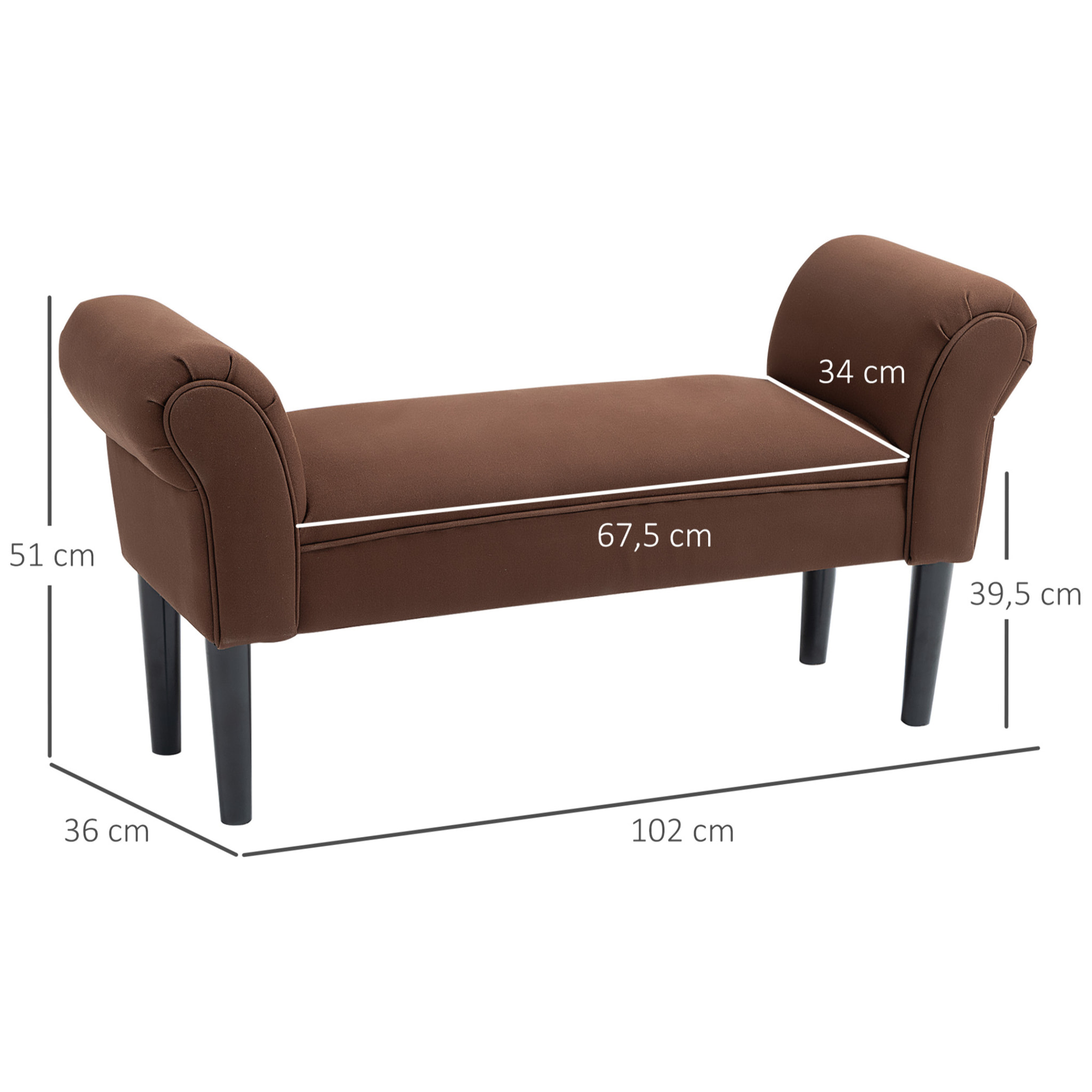 Banc banquette design contemporain accoudoirs courbés grand confort 102L x 31l x 51H cm chocolat