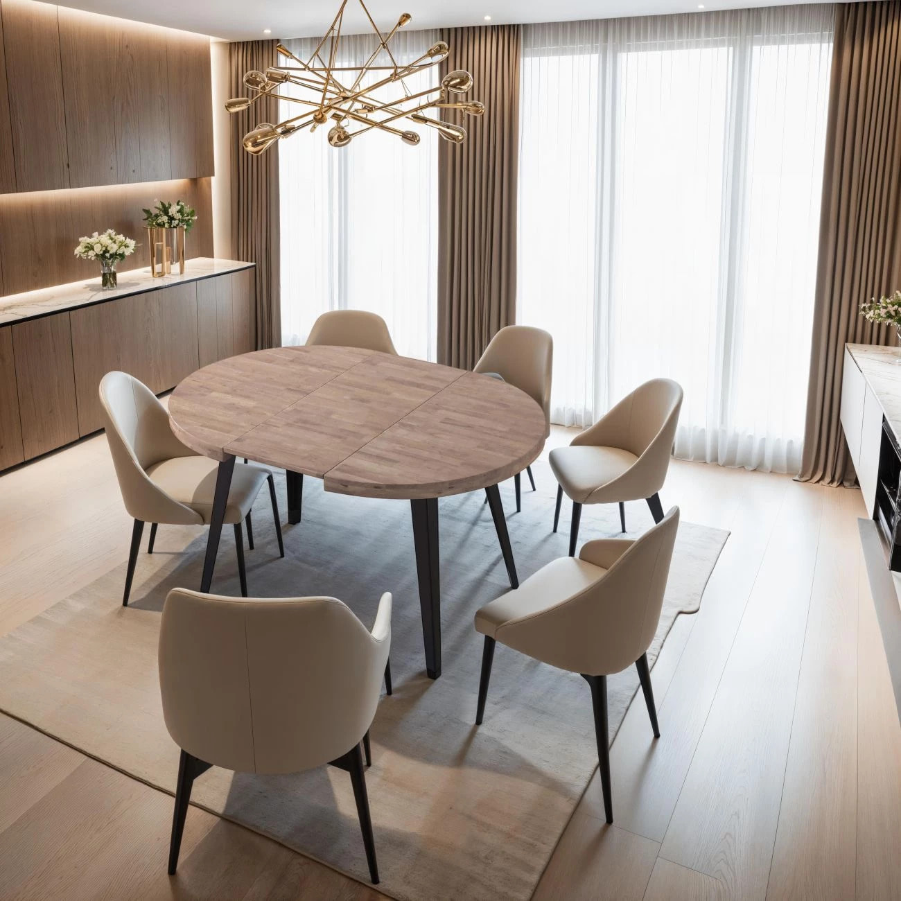 Mesa de comedor redonda extensible en negro y roble honey 120-200x120 cm Berg Roble Honey - Negro