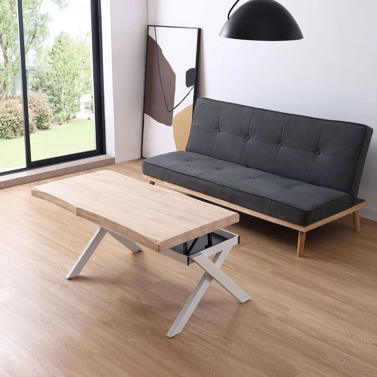 Mesa de centro elevable con patas metálicas en blanco y roble 120x47-62 cm Xena Fit Roble - Blanco