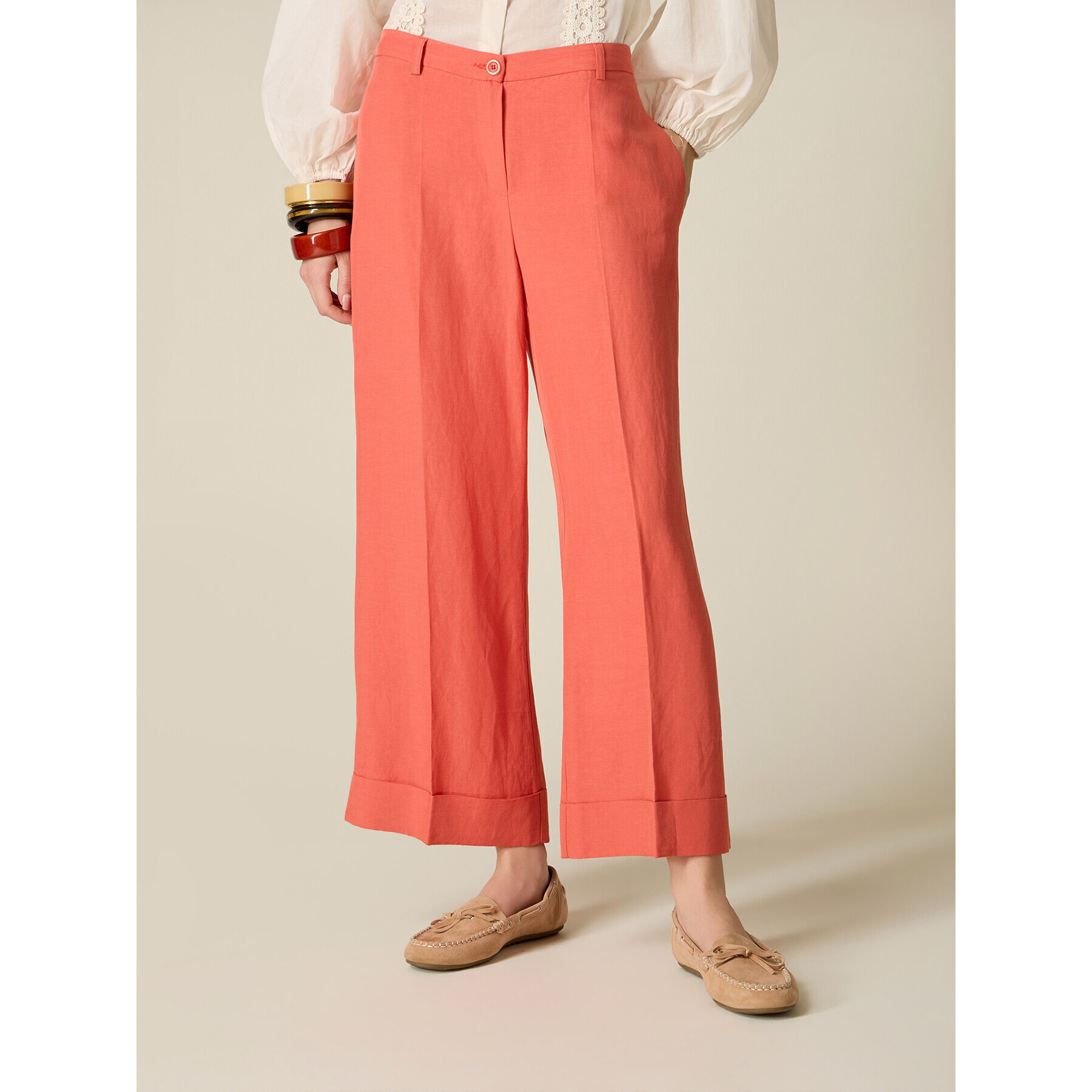 Oltre - Pantalones cropped de mezcla de lino - Naranja sol