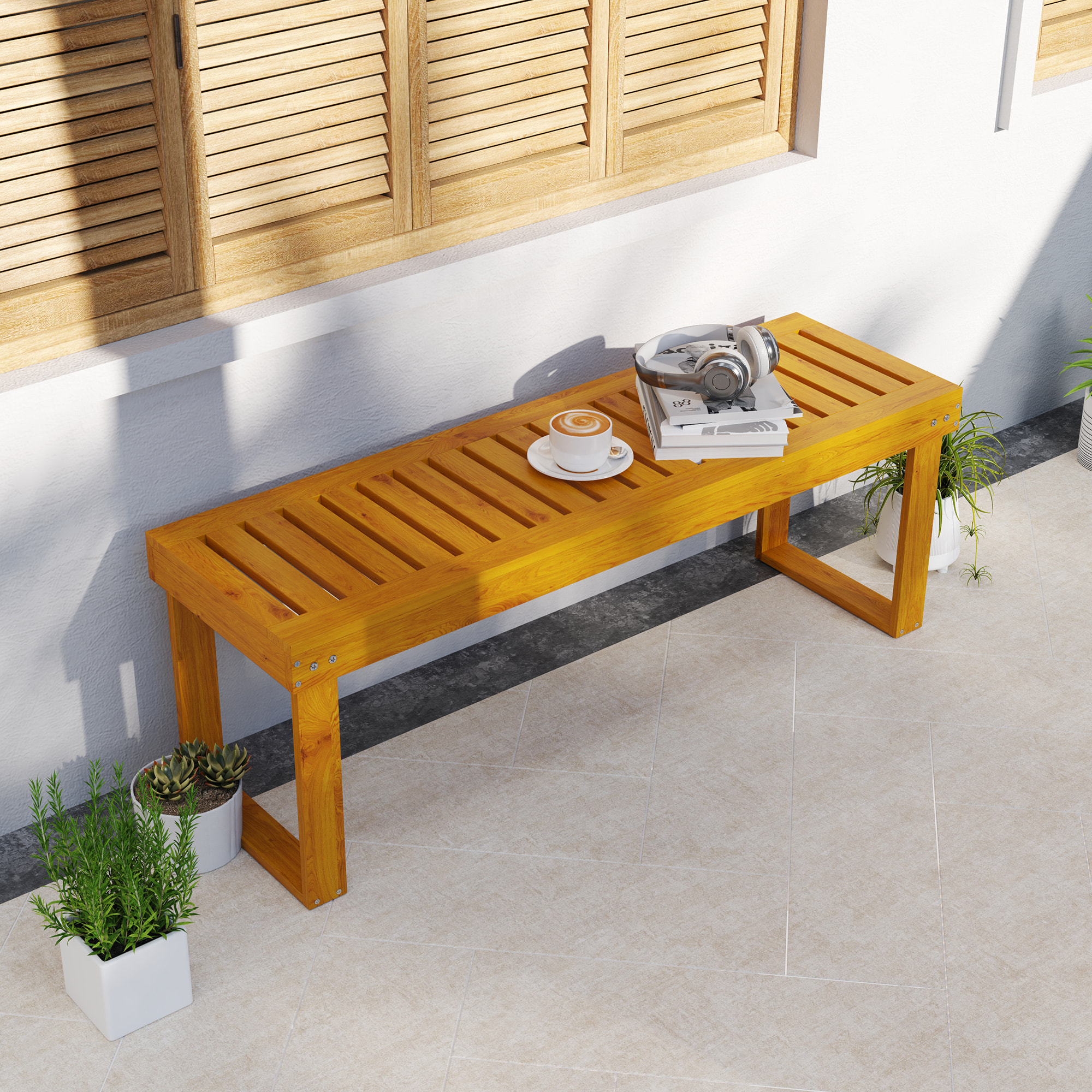 Banco de Jardín de 2 Plazas Banco de Madera Asiento de Lamas Carga 300 kg Banco para Patio Terraza 120x34x43 cm Teca