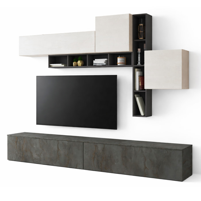 Parete Attrezzata Soggiorno Con Librerie Basi A Ribalta Pensili Push-Pull Mobile TV Moderno Reversibile 200 x 276 x 39.6 Cm Grafite Ossidata E Bianco