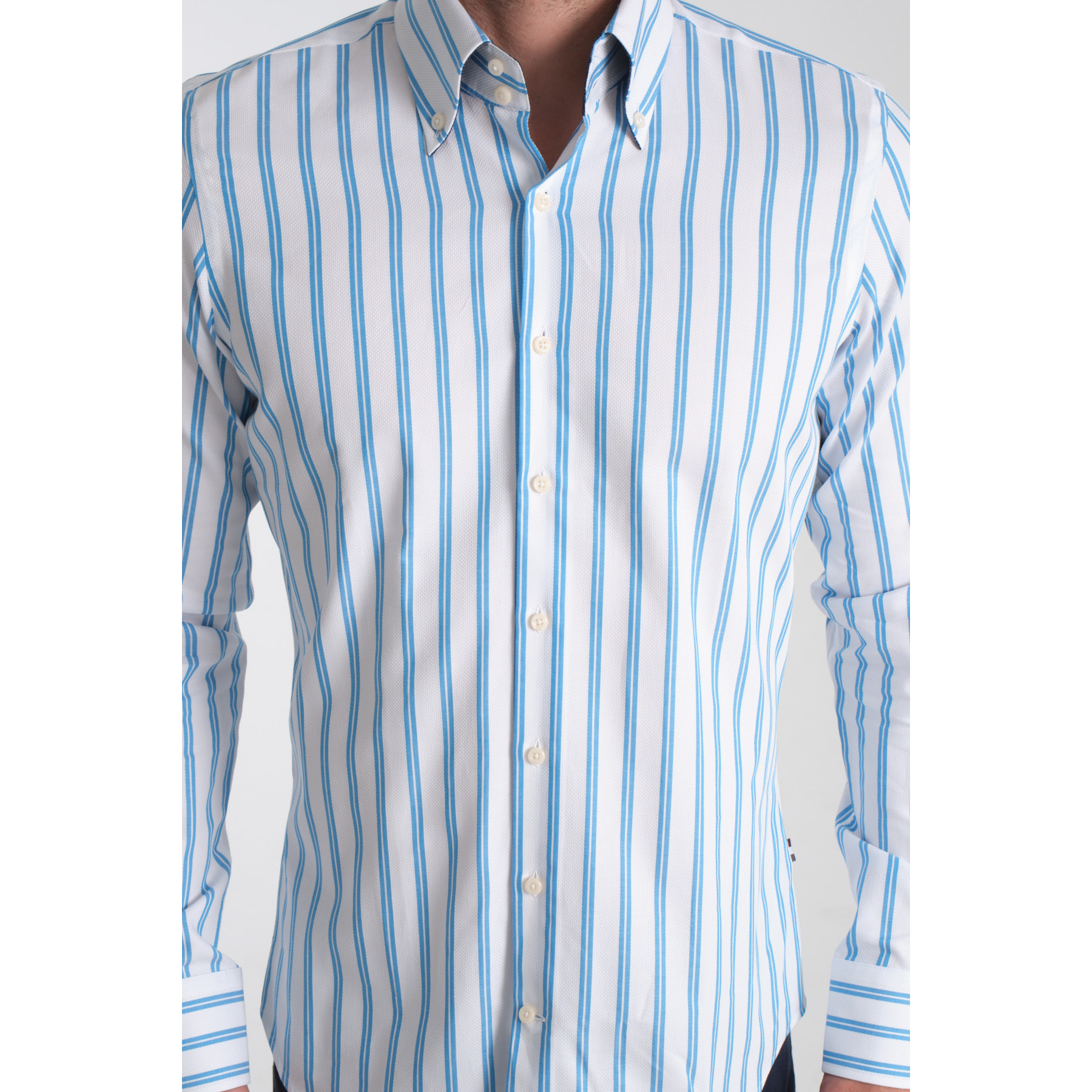 Camicia Uomo 2 Bottoni Button Down Slim Armaturato Riga Larga Bianco e Turchese