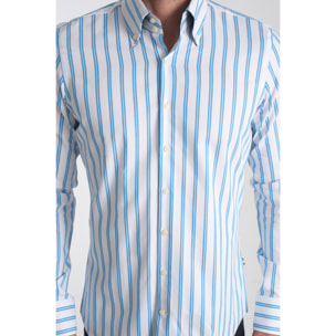 Camicia Uomo 2 Bottoni Button Down Slim Armaturato Riga Larga Bianco e Turchese