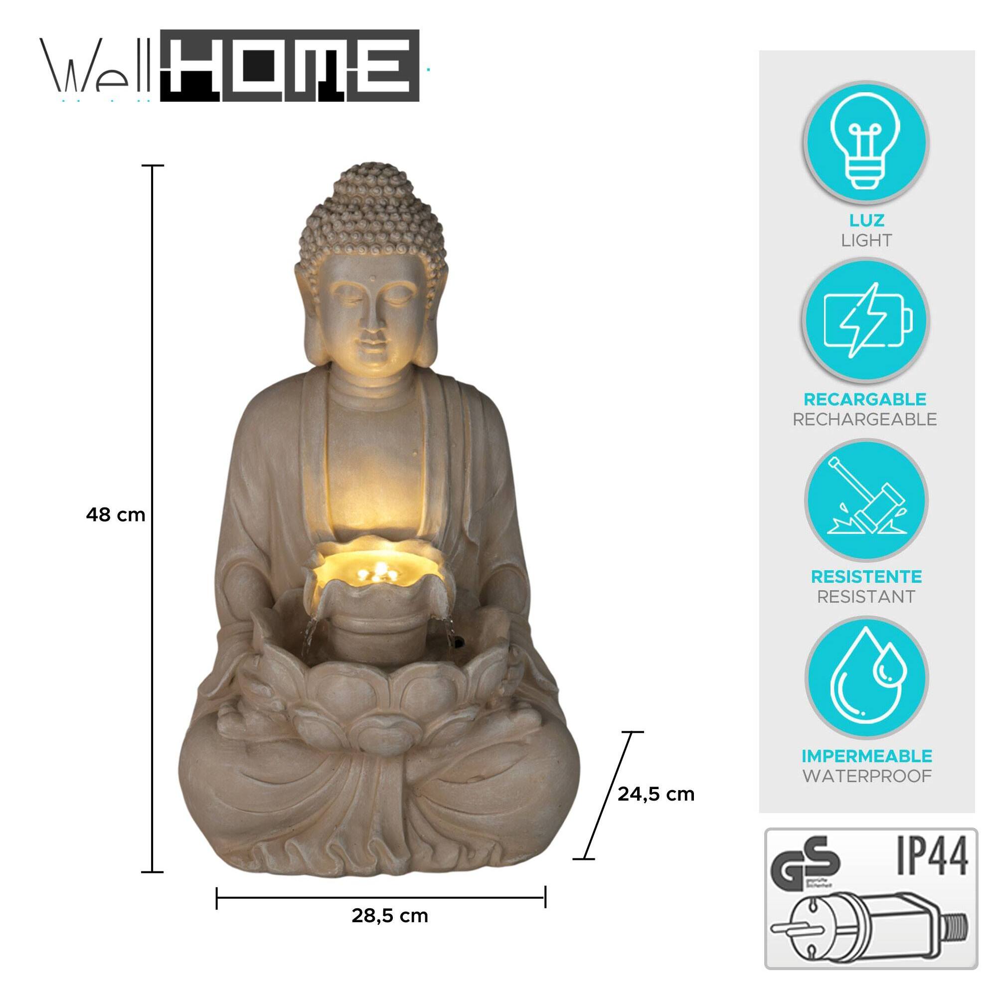 Fuente Buda en color Arena con Luces LED para Espacio Exterior 28,5x24,5x48cm