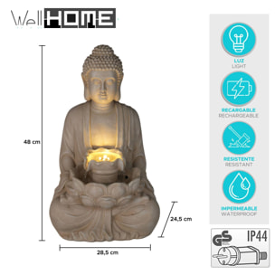 Fuente Buda en color Arena con Luces LED para Espacio Exterior 28,5x24,5x48cm