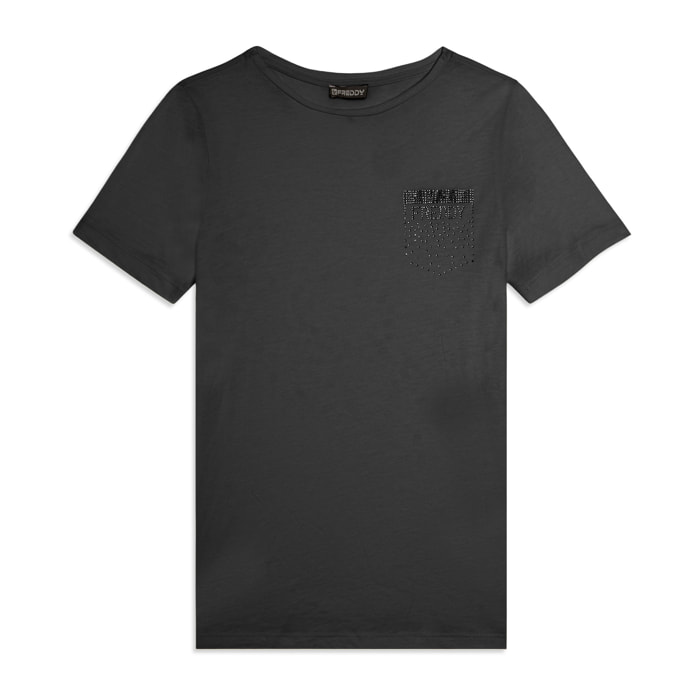 T-shirt manica corta con strass a forma di taschino FREDDY